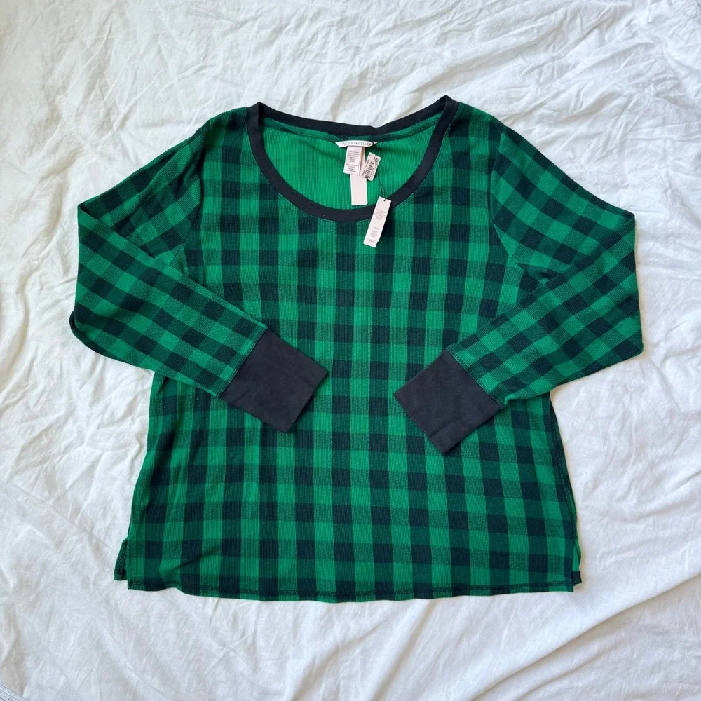 Victorias Secret XXL Green Buffalo Plaid Thermal Pajama Top Waffle Knit NWT
